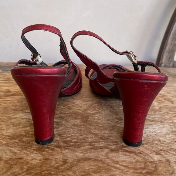 FARYL ROBIN Anthropologie Iridescent Wine Red Sling Back Open Toe Heels Size 8M - Picture 6 of 11